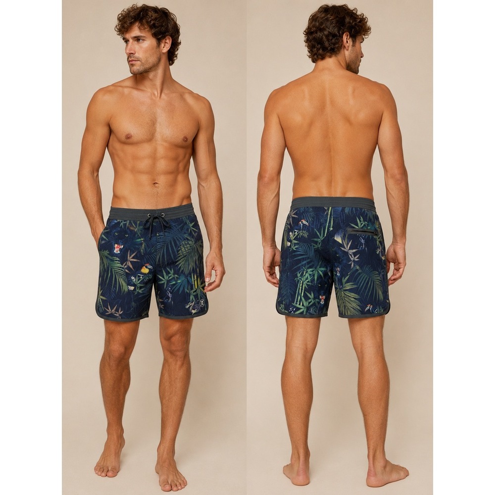 Roark Board Shorts Mens 31 Navy Blue Tropical Jungle Animal Print Stretch